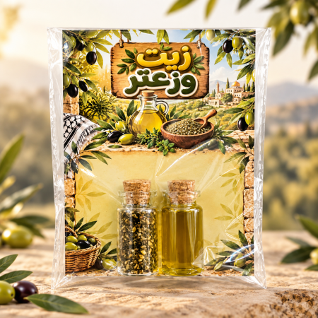 بطاقة مع عبوات زيت وزعتر صغيرة مع تغليف